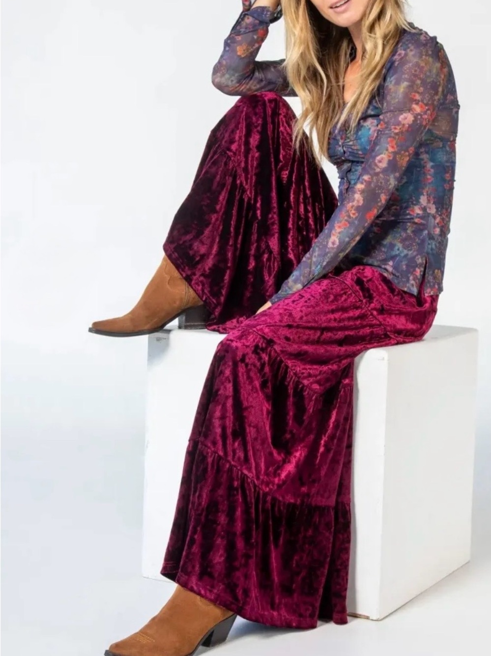 Natural Life Velvet Patti Palazzo Pants Cranberry Tiered Wide Leg Boho Size M